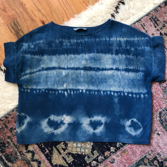 Elizabeth Suzann Tops - Elizabeth Suzann Georgia Tee Hand Dyed Indigo Shibori 100% Silk Crepe OS